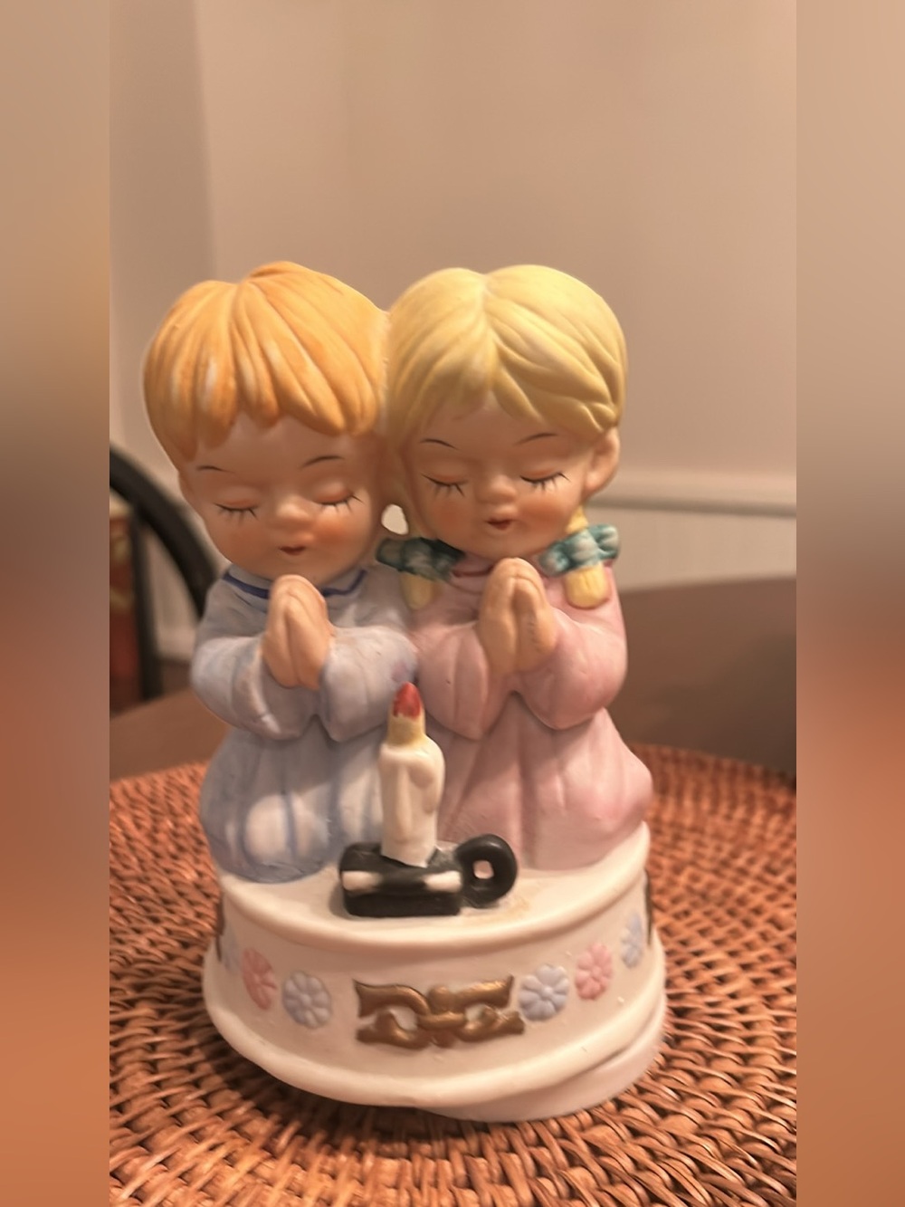 Porcelain Twin Praying Children Figurine in Blue and Pink